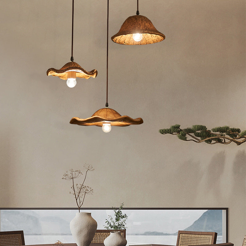Traditional Japanese Lotus Leaf Round Hardware Resin 1-Light Pendant Light For Dining Room