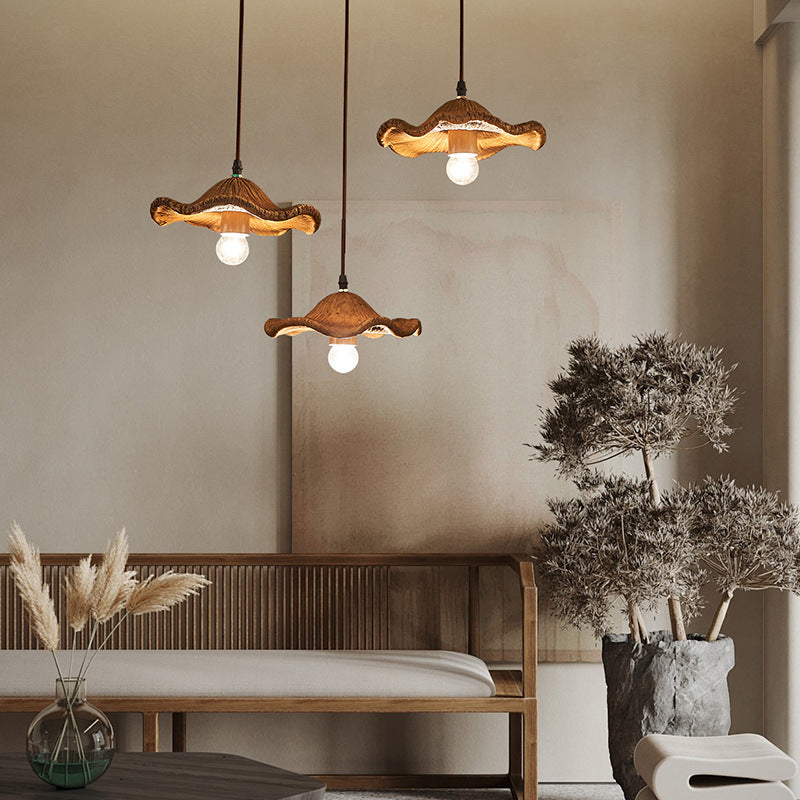 Traditional Japanese Lotus Leaf Round Hardware Resin 1-Light Pendant Light For Dining Room