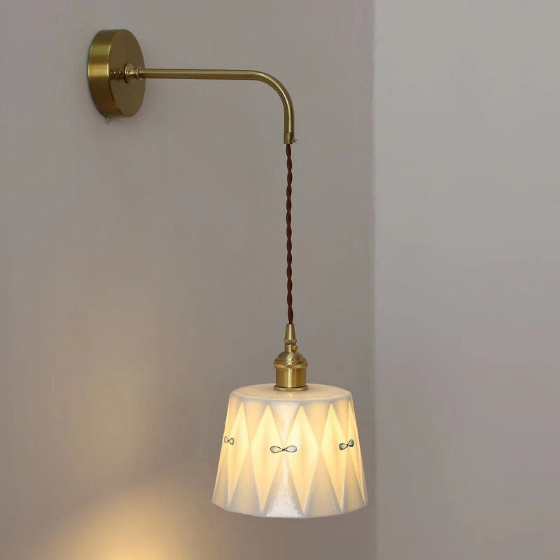 Traditional Japanese Trapezoid Round Copper Ceramic 1-Light Wall Sconce Lamp For Bedroom