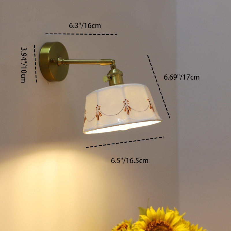 Traditional Japanese Trapezoid Round Copper Ceramic 1-Light Wall Sconce Lamp For Bedroom