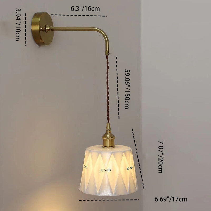Traditional Japanese Trapezoid Round Copper Ceramic 1-Light Wall Sconce Lamp For Bedroom