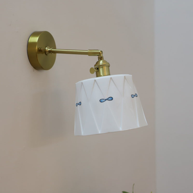 Traditional Japanese Trapezoid Round Copper Ceramic 1-Light Wall Sconce Lamp For Bedroom