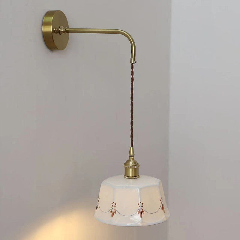 Traditional Japanese Trapezoid Round Copper Ceramic 1-Light Wall Sconce Lamp For Bedroom