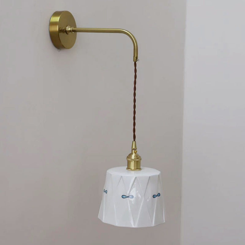 Traditional Japanese Trapezoid Round Copper Ceramic 1-Light Wall Sconce Lamp For Bedroom