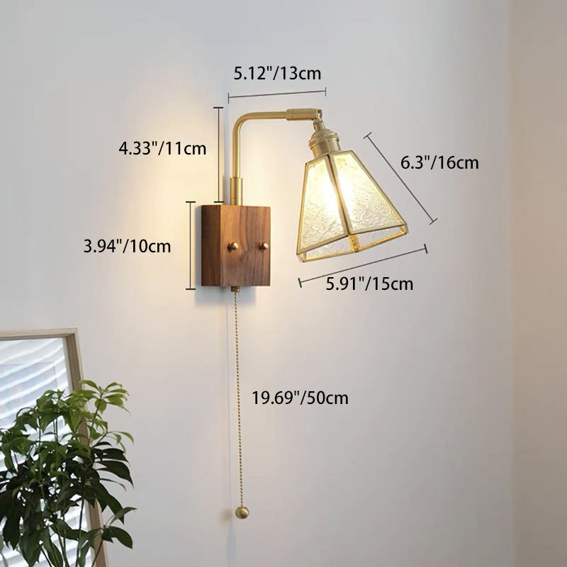 Traditional Japanese Horn Trapezoidal Prism Copper Glass 1-Light Wall Sconce Lamp For Bedroom