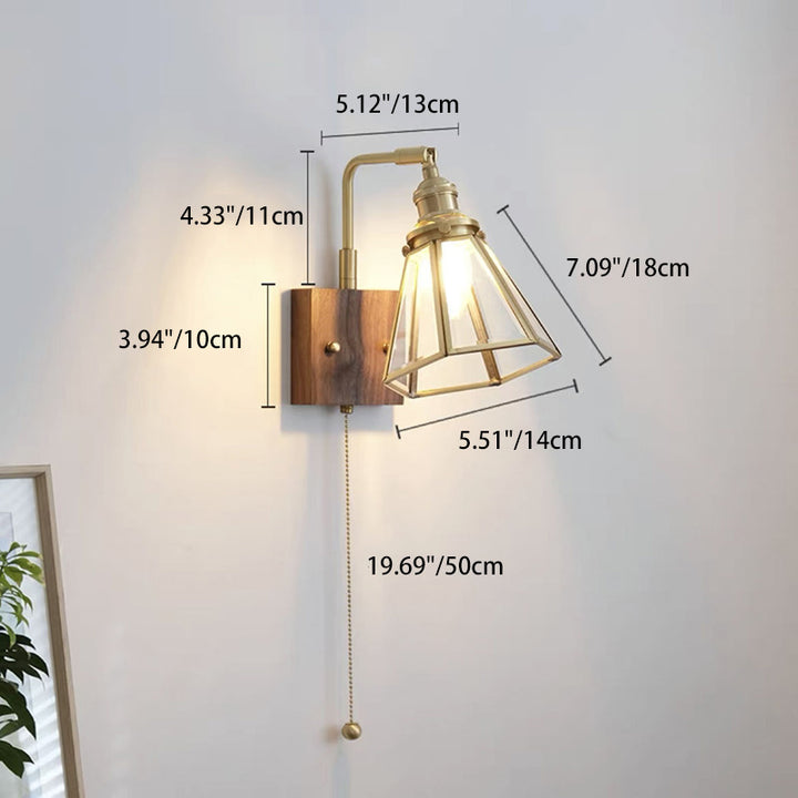 Traditional Japanese Horn Trapezoidal Prism Copper Glass 1-Light Wall Sconce Lamp For Bedroom