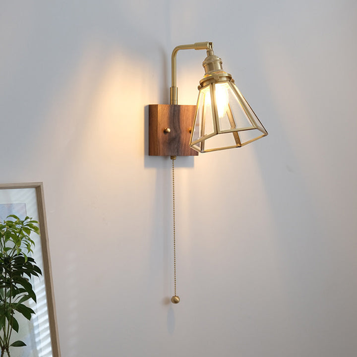 Traditional Japanese Horn Trapezoidal Prism Copper Glass 1-Light Wall Sconce Lamp For Bedroom