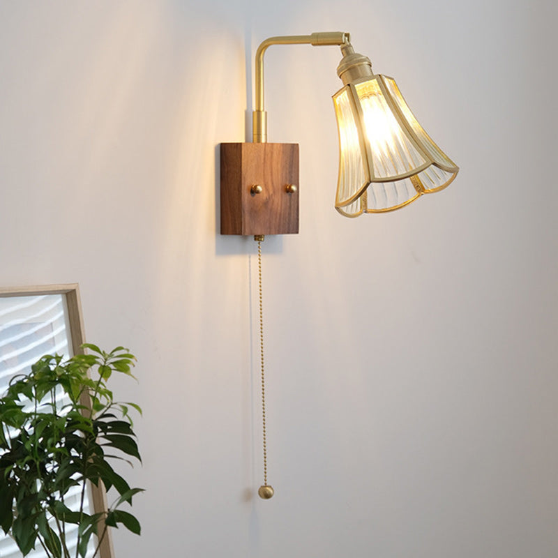 Traditional Japanese Horn Trapezoidal Prism Copper Glass 1-Light Wall Sconce Lamp For Bedroom