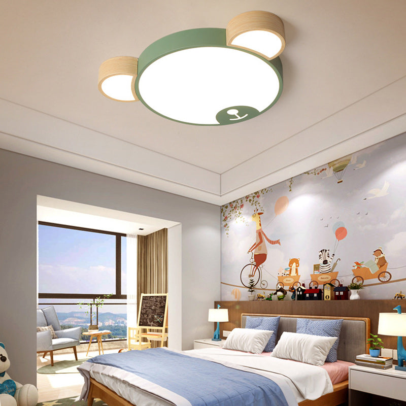 Contemporary Creative Macaron Kids Bear Round Iron Acrylic LED Flush Mount Ceiling Light For Bedroom