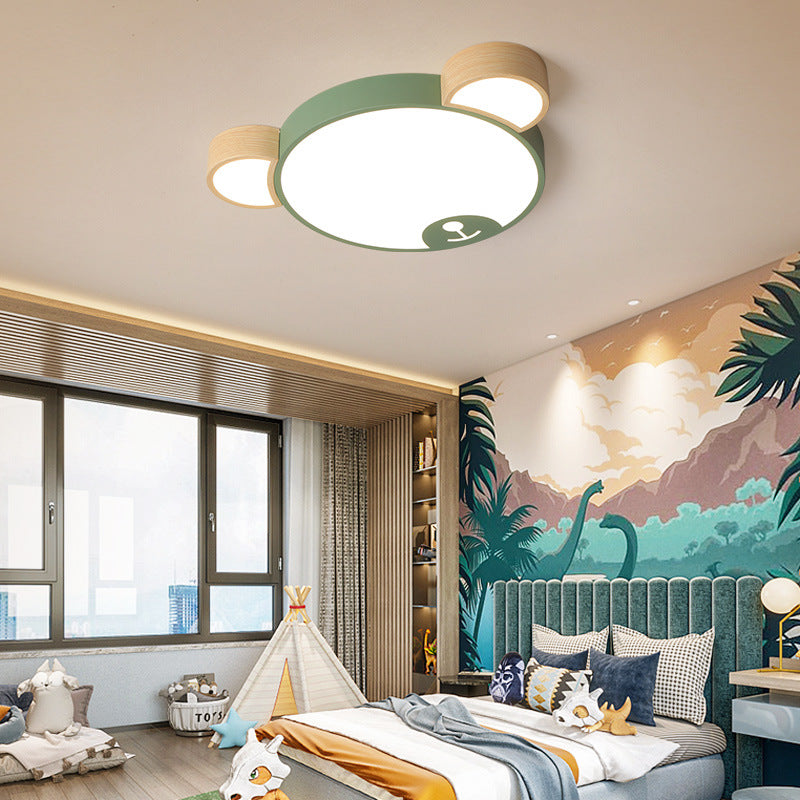 Contemporary Creative Macaron Kids Bear Round Iron Acrylic LED Flush Mount Ceiling Light For Bedroom