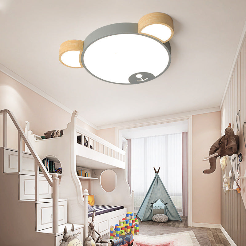 Contemporary Creative Macaron Kids Bear Round Iron Acrylic LED Flush Mount Ceiling Light For Bedroom