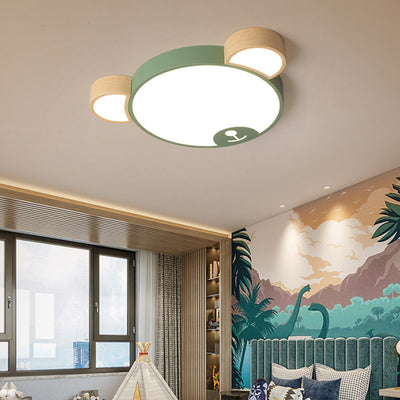 Contemporary Creative Macaron Kids Bear Round Iron Acrylic LED Flush Mount Ceiling Light For Bedroom