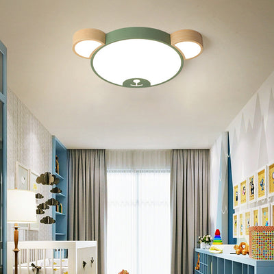 Contemporary Creative Macaron Kids Bear Round Iron Acrylic LED Flush Mount Ceiling Light For Bedroom