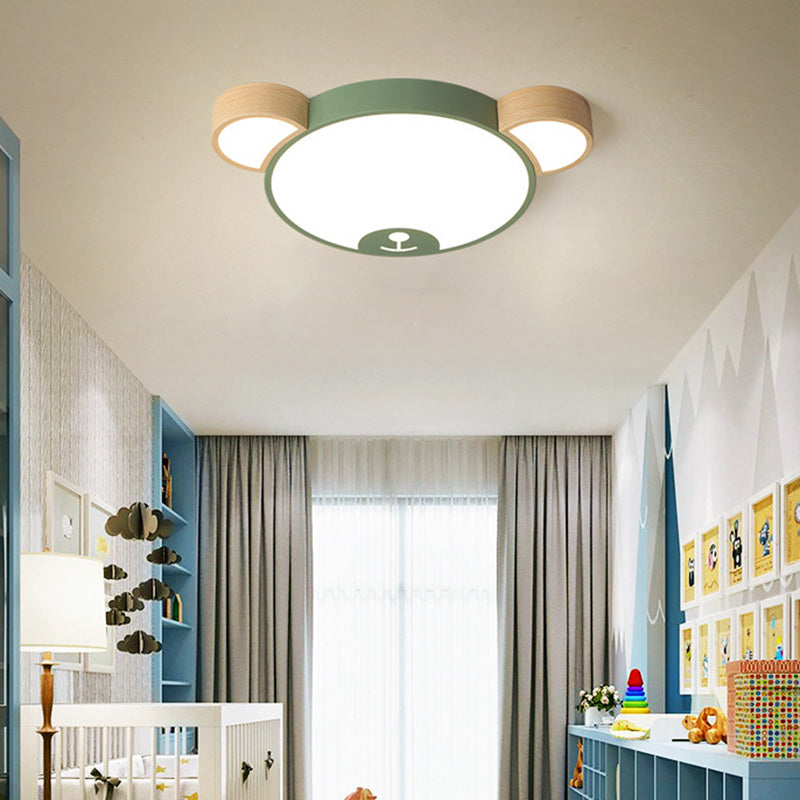 Contemporary Creative Macaron Kids Bear Round Iron Acrylic LED Flush Mount Ceiling Light For Bedroom