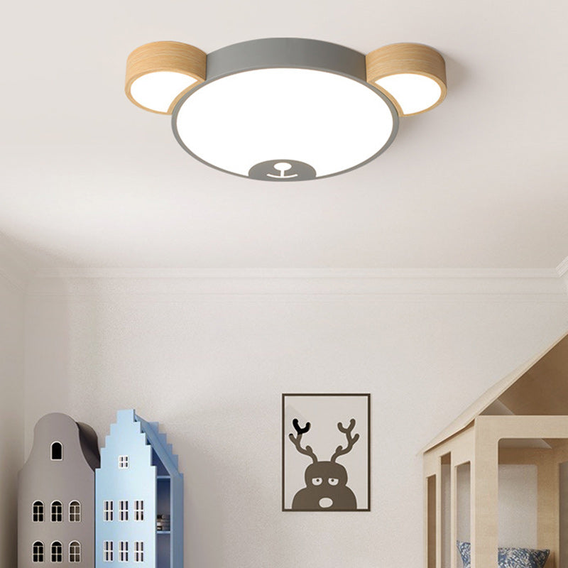 Contemporary Creative Macaron Kids Bear Round Iron Acrylic LED Flush Mount Ceiling Light For Bedroom