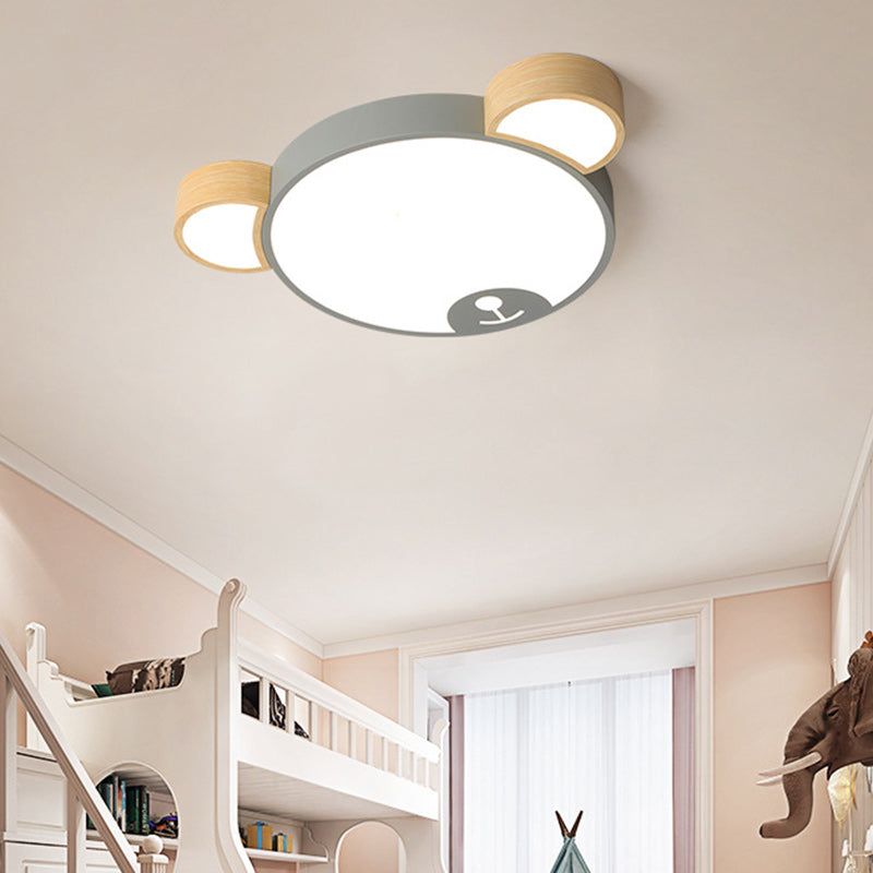 Contemporary Creative Macaron Kids Bear Round Iron Acrylic LED Flush Mount Ceiling Light For Bedroom
