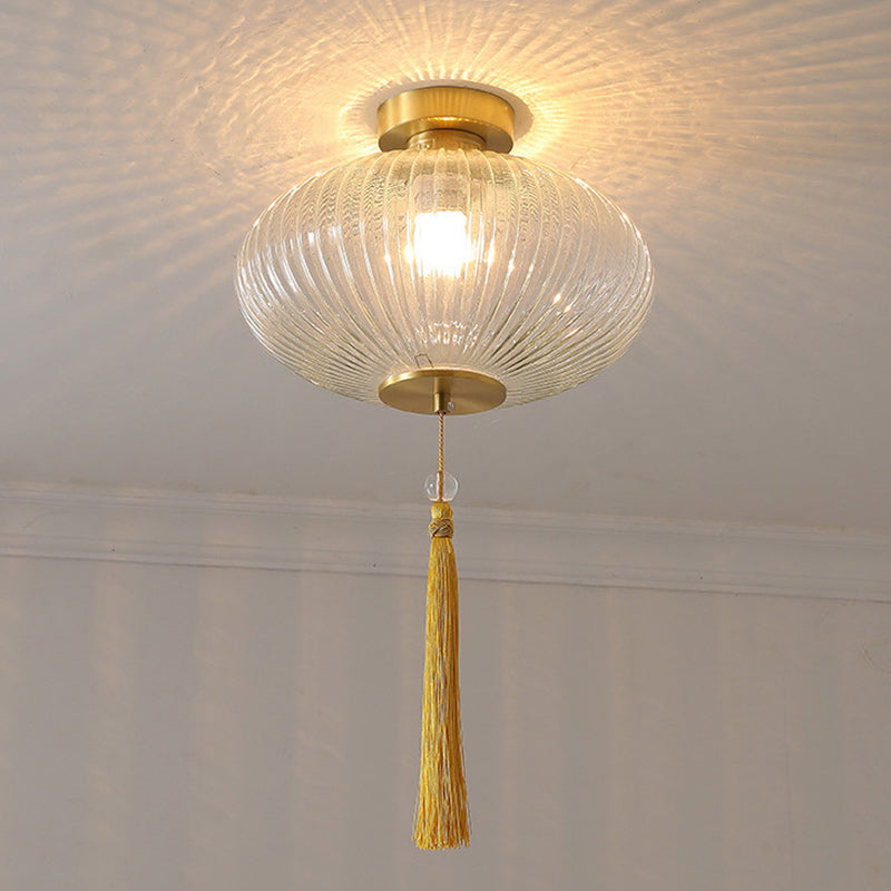 Traditional Chinese Cylinder Oval Copper Glass 1-Light Semi-Flush Mount Ceiling Light For Hallway