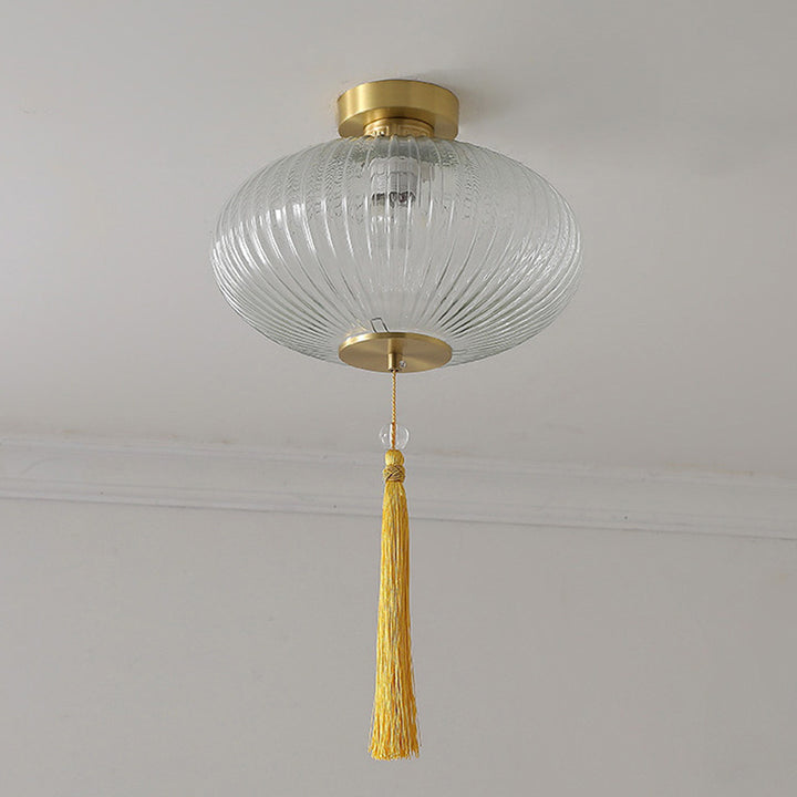 Luz de techo semiempotrada de 1 luz de vidrio de cobre ovalado cilíndrico chino tradicional para pasillo 