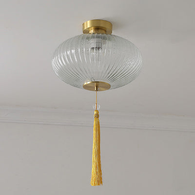 Traditional Chinese Cylinder Oval Copper Glass 1-Light Semi-Flush Mount Ceiling Light For Hallway