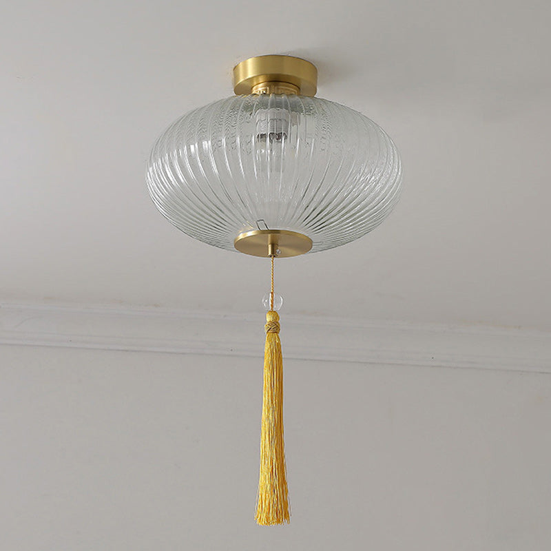 Traditional Chinese Cylinder Oval Copper Glass 1-Light Semi-Flush Mount Ceiling Light For Hallway