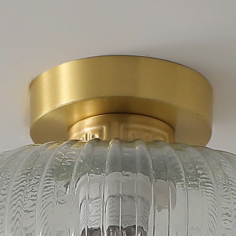 Traditional Chinese Cylinder Oval Copper Glass 1-Light Semi-Flush Mount Ceiling Light For Hallway