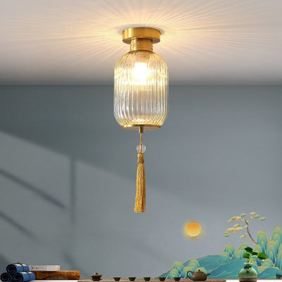 Traditional Chinese Cylinder Oval Copper Glass 1-Light Semi-Flush Mount Ceiling Light For Hallway