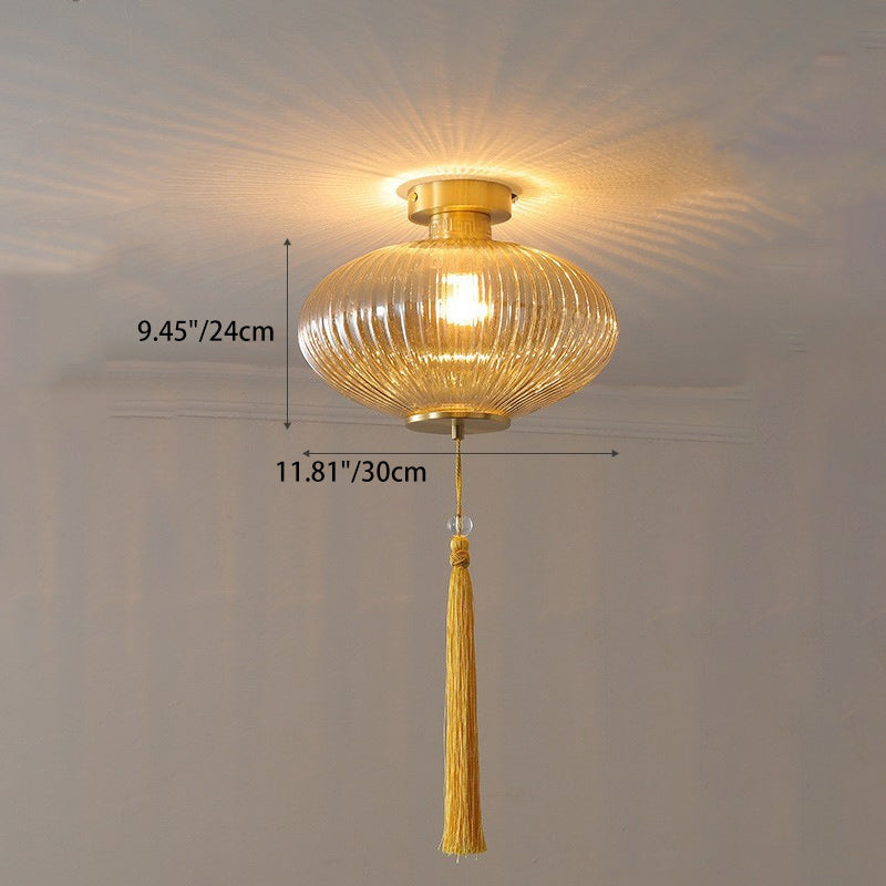 Traditional Chinese Cylinder Oval Copper Glass 1-Light Semi-Flush Mount Ceiling Light For Hallway