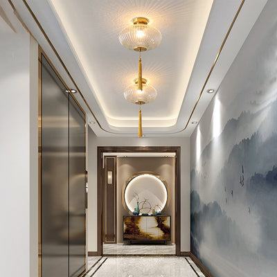 Traditional Chinese Cylinder Oval Copper Glass 1-Light Semi-Flush Mount Ceiling Light For Hallway
