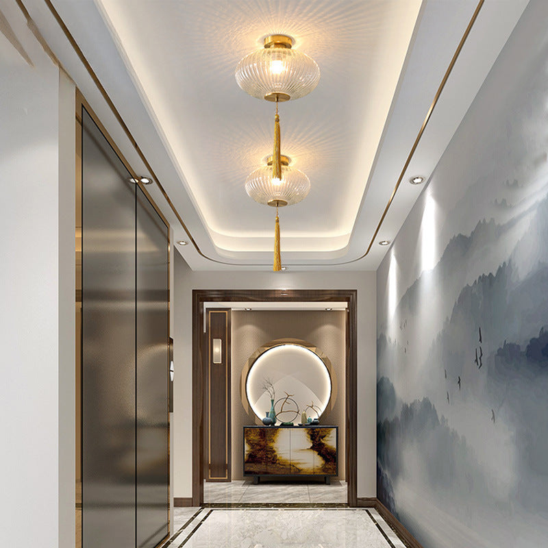 Traditional Chinese Cylinder Oval Copper Glass 1-Light Semi-Flush Mount Ceiling Light For Hallway