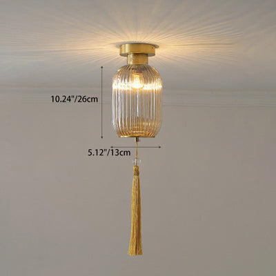 Traditional Chinese Cylinder Oval Copper Glass 1-Light Semi-Flush Mount Ceiling Light For Hallway