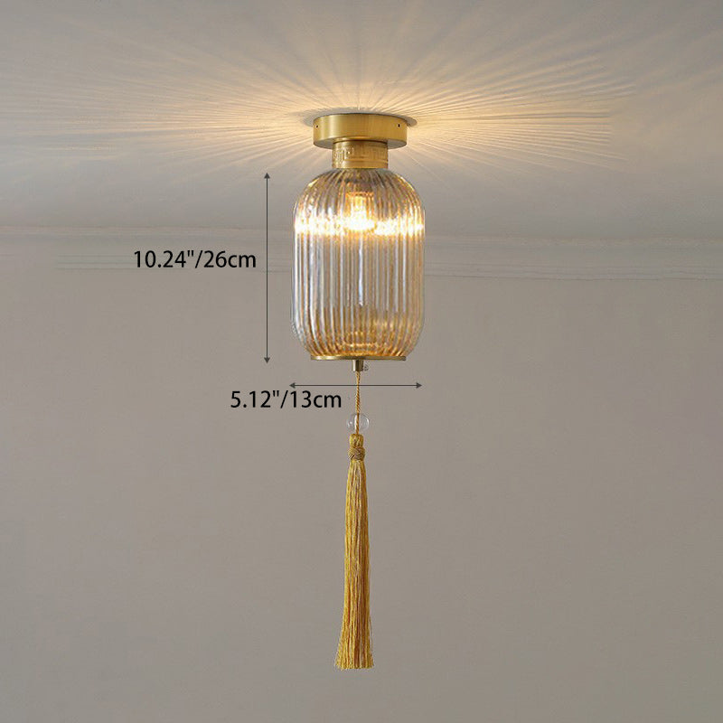 Traditional Chinese Cylinder Oval Copper Glass 1-Light Semi-Flush Mount Ceiling Light For Hallway