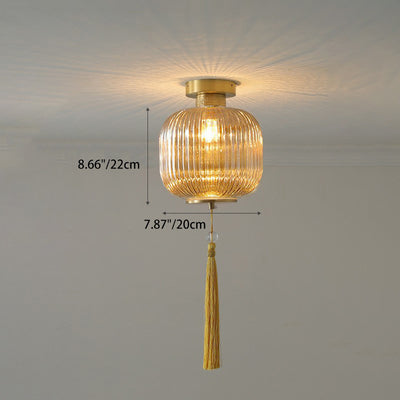 Traditional Chinese Cylinder Oval Copper Glass 1-Light Semi-Flush Mount Ceiling Light For Hallway