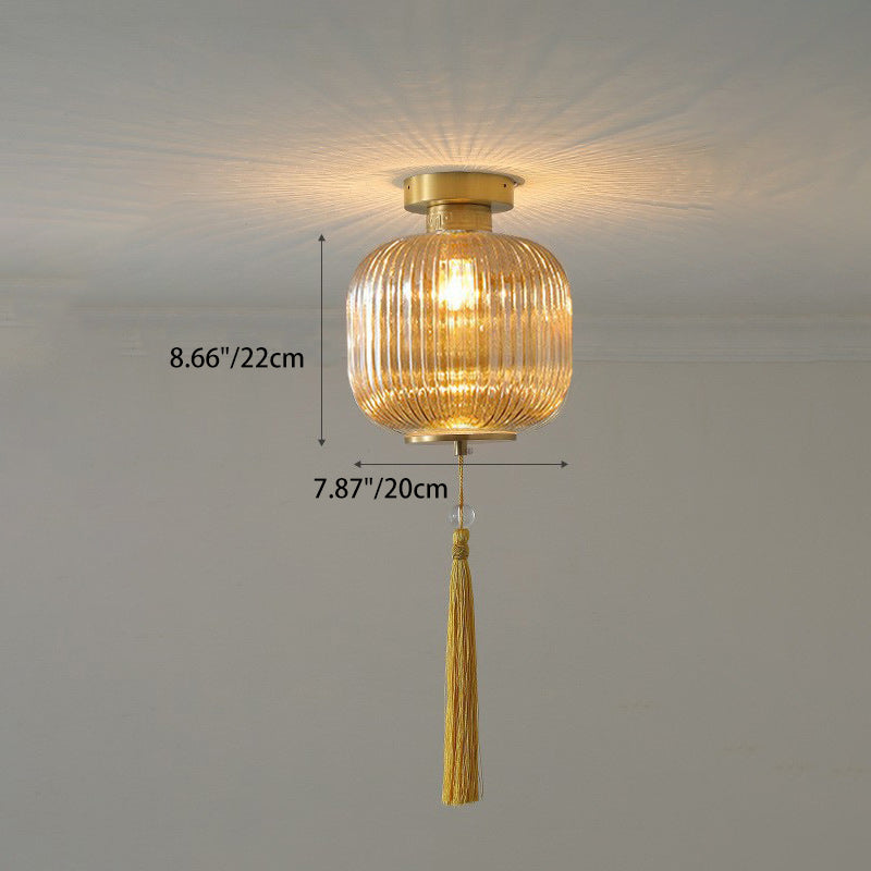 Traditional Chinese Cylinder Oval Copper Glass 1-Light Semi-Flush Mount Ceiling Light For Hallway