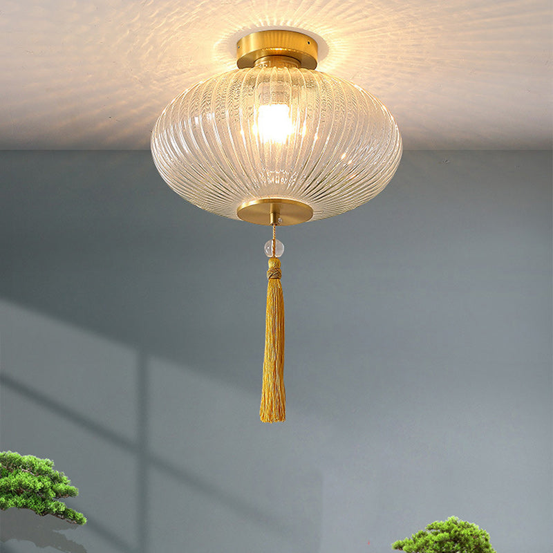 Traditional Chinese Cylinder Oval Copper Glass 1-Light Semi-Flush Mount Ceiling Light For Hallway