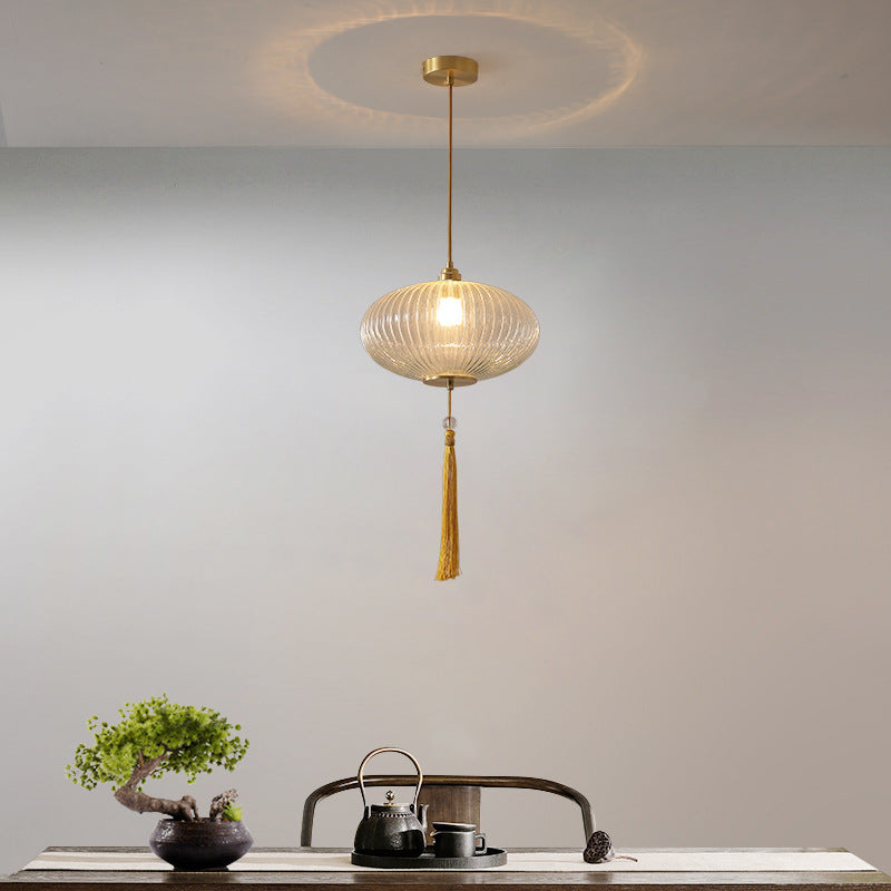 Lustre suspendu en cuivre ovale en verre à 1 lumière de style chinois traditionnel pour chambre 