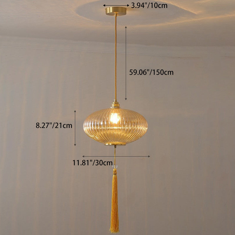 Lustre suspendu en cuivre ovale en verre à 1 lumière de style chinois traditionnel pour chambre 