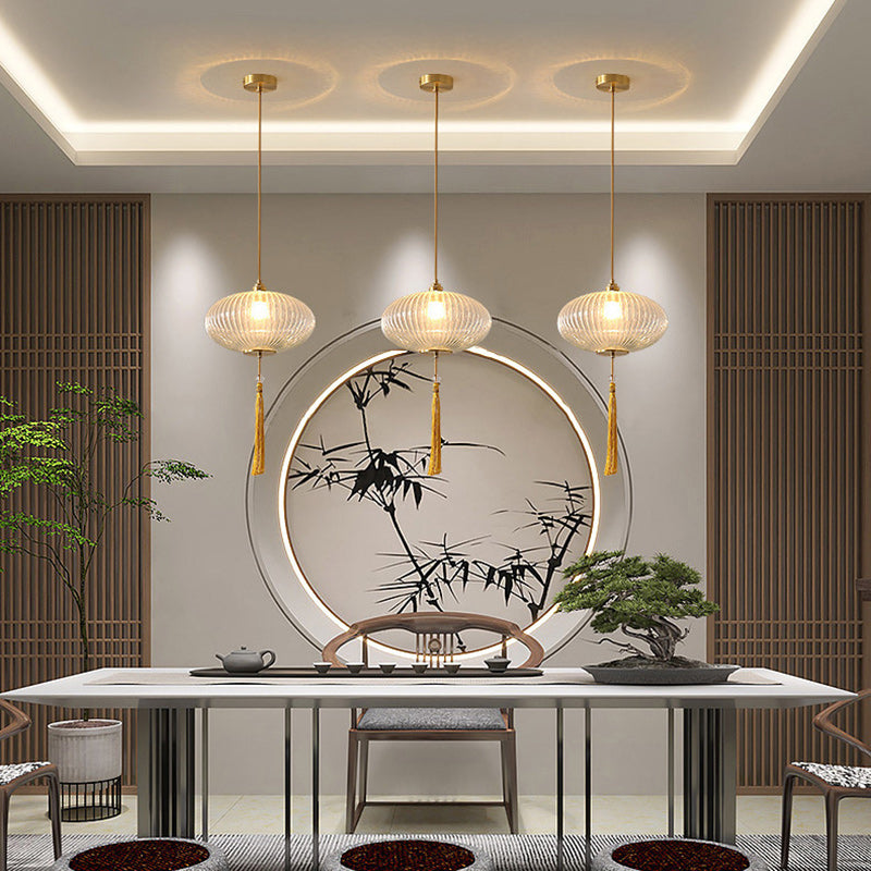 Lustre suspendu en cuivre ovale en verre à 1 lumière de style chinois traditionnel pour chambre 