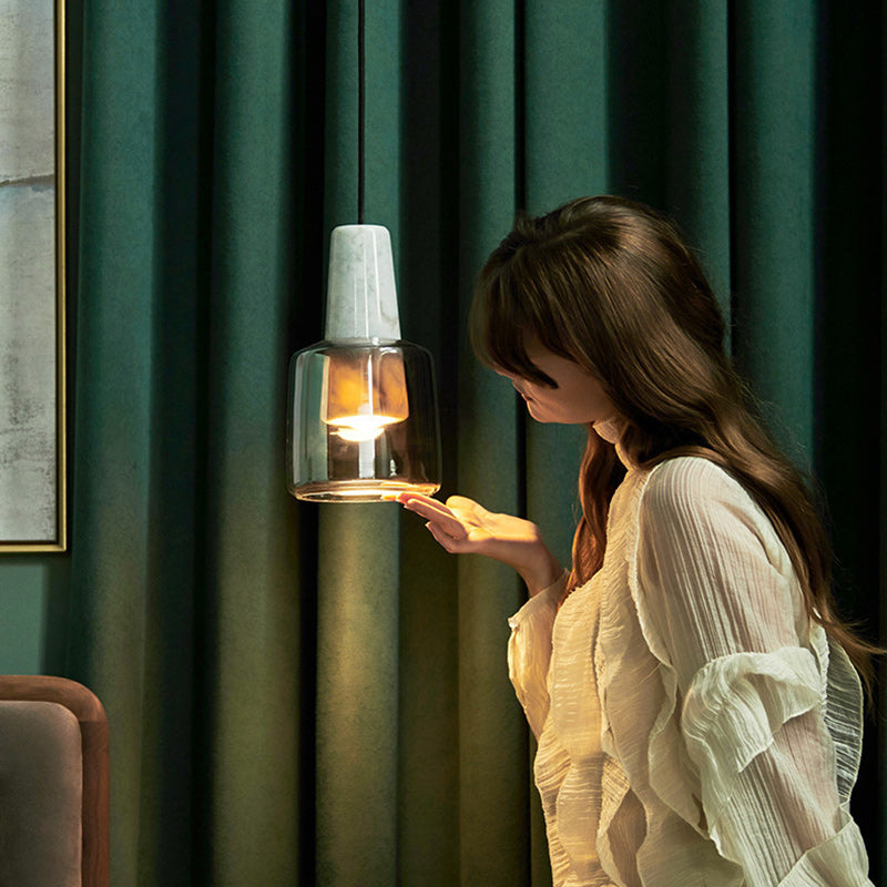 Contemporary Scandinavian Cylinder Marble Glass 1-Light Pendant Light For Bedroom