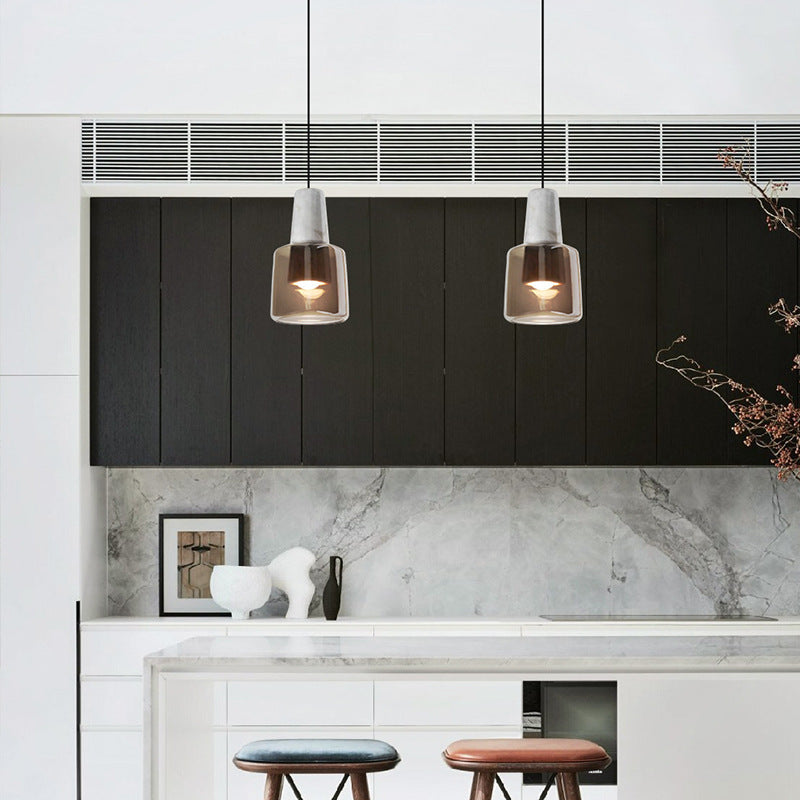 Contemporary Scandinavian Cylinder Marble Glass 1-Light Pendant Light For Bedroom