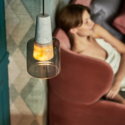 Contemporary Scandinavian Cylinder Marble Glass 1-Light Pendant Light For Bedroom