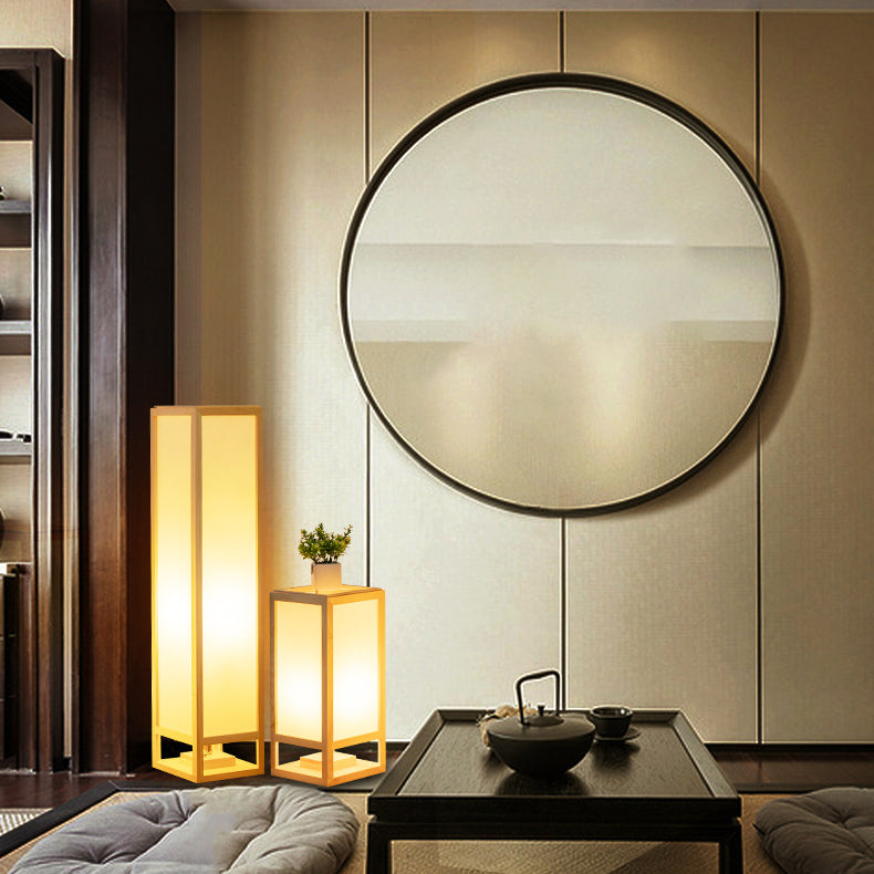 Traditional Japanese Square Rectangle Wood Acrylic 1-Light Standing Floor Lamp For Living Room