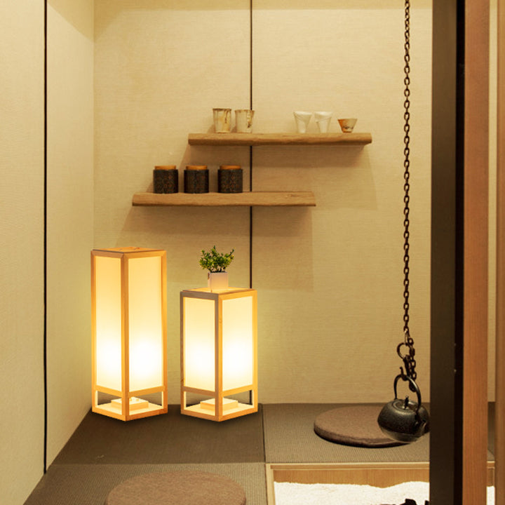 Traditionelle japanische quadratische rechteckige Holz-Acryl-1-Licht-Stehlampe für Wohnzimmer 