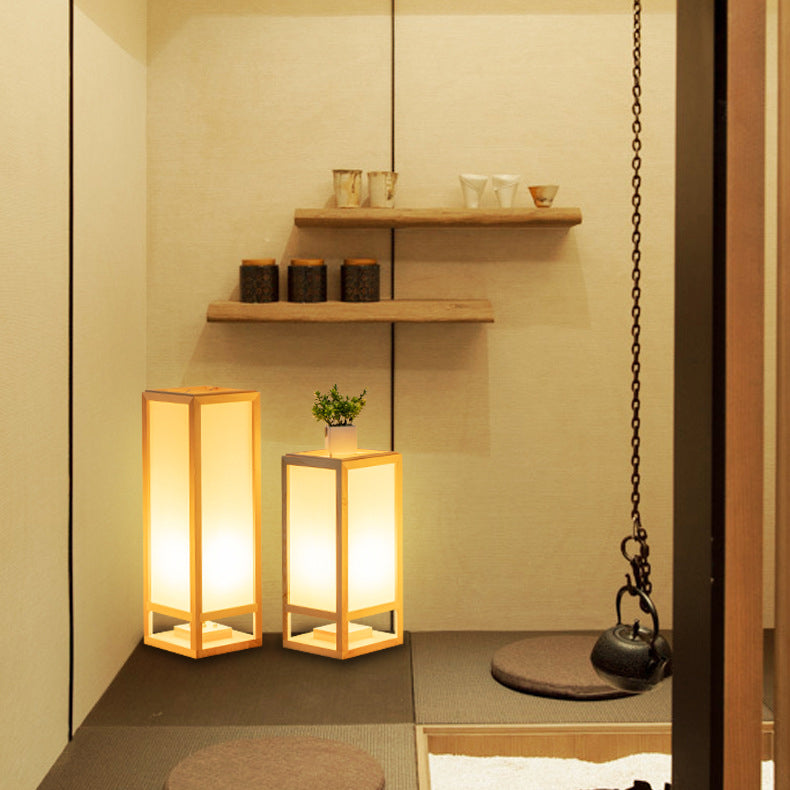 Traditional Japanese Square Rectangle Wood Acrylic 1-Light Standing Floor Lamp For Living Room
