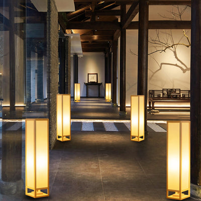 Traditional Japanese Square Rectangle Wood Acrylic 1-Light Standing Floor Lamp For Living Room
