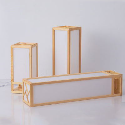 Traditional Japanese Square Rectangle Wood Acrylic 1-Light Standing Floor Lamp For Living Room
