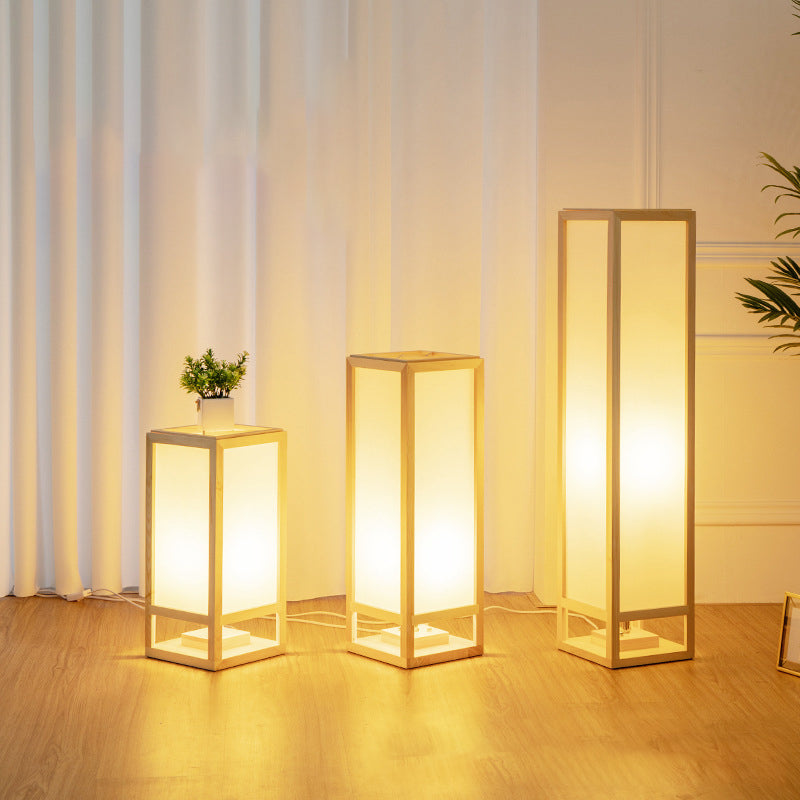 Traditional Japanese Square Rectangle Wood Acrylic 1-Light Standing Floor Lamp For Living Room