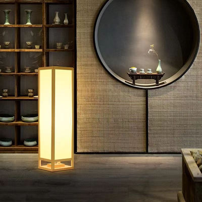 Traditional Japanese Square Rectangle Wood Acrylic 1-Light Standing Floor Lamp For Living Room