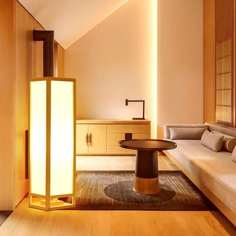 Traditional Japanese Square Rectangle Wood Acrylic 1-Light Standing Floor Lamp For Living Room