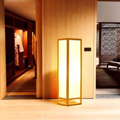 Traditional Japanese Square Rectangle Wood Acrylic 1-Light Standing Floor Lamp For Living Room
