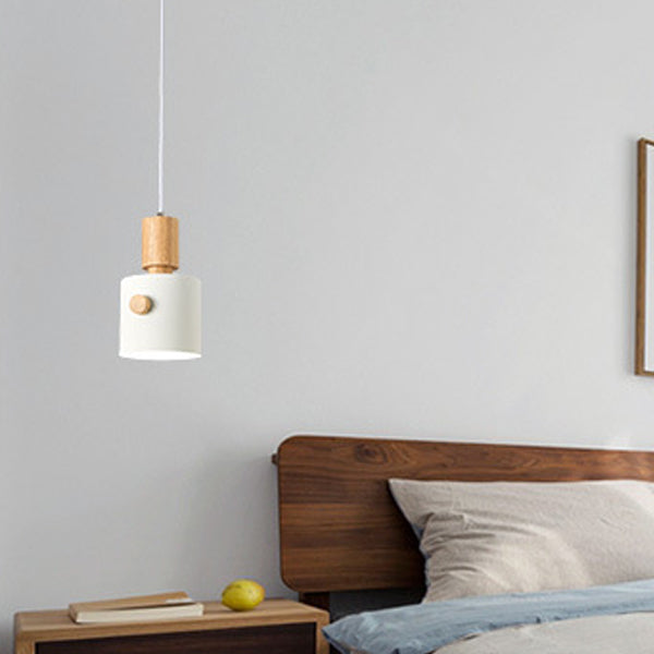 Contemporary Scandinavian Macaron Round Cylinder Iron Wood 1-Light Pendant Light For Bedroom